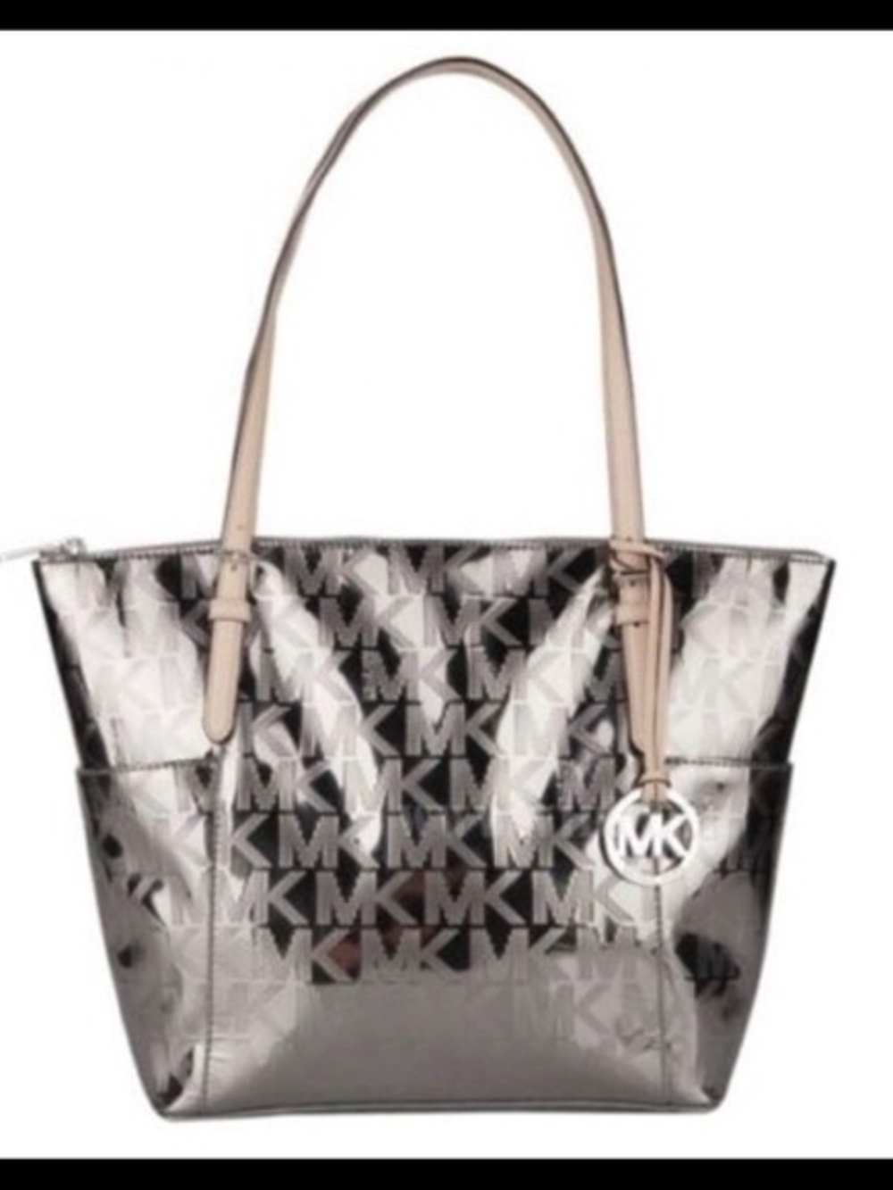 Michael Kors Jet Set East West Metallic Silver MK Logo Tote